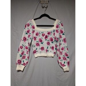 Willow & Wind Women's Cream Floral Puff Sleeve Pink Roses‎ Cropped Sweater Small